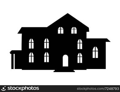 Black building icon closeup silhouette, home with doors and windows, roof and several rooms, exterior on vector illustration isolated on white background. Black Building Icon Closeup on Vector Illustration