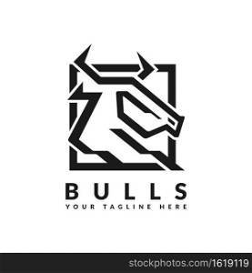 Black Bull Logo Design with Geometric Lines Style Concept and Square Frame Combination.
