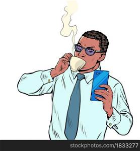 black businessman drinking morning coffee and reading smartphone, daily routine. Pop art retro vector illustration kitsch vintage 50s 60 style. black businessman drinking morning coffee and reading smartphone, daily routine