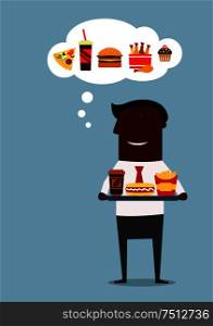Black businessman holding a tray with coffee, hot dog and french fries and want to buy burger, pizza, fried chicken and cake. Cartoon flat style. American businessman with fast food lunch