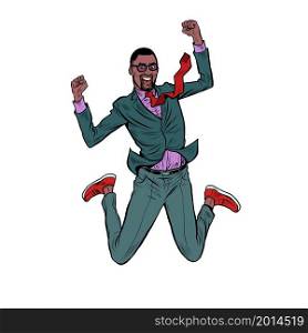 black Businessman jump of joy, victory. Successful dent. Man in a business suit in a funny pose of joy. Pop art retro vector illustration 50s 60 vintage kitsch style. black Businessman jump of joy, victory. Successful dent. Man in a business suit in a funny pose of joy