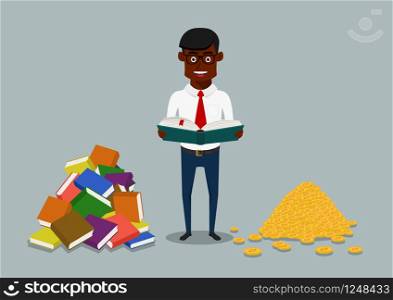 Black businessman with open book standing between heaps of money and books. Education investment, knowledge, self development, learn and earn concept design. Black businessman with book and money
