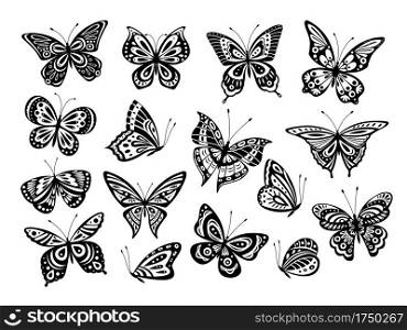 Black butterflies. Drawing butterfly silhouette, nature elements. Gorgeous artwork ornate wings different forms. Isolated tattoos vector set. Butterfly insect, silhouette butterfly illustration. Black butterflies. Drawing butterfly silhouette, nature elements. Gorgeous artwork ornate wings different forms. Isolated tattoos vector set