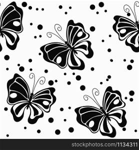 Black butterfly and ink drops on the white background vector seamless pattern