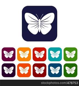Black butterfly icons set vector illustration in flat style in colors red, blue, green, and other. Black butterfly icons set