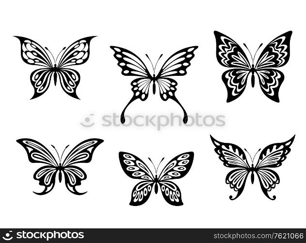 Black butterfly tattoos and silhouettes isolated on white background