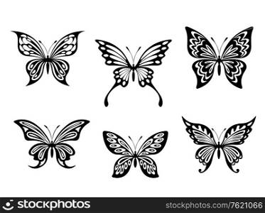 Black butterfly tattoos and silhouettes isolated on white background