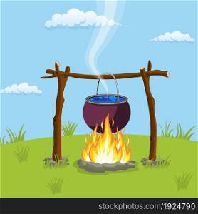 Black camping pot over a bonfire. Vector illustration in flat design. Black camping pot over a bonfire