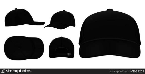 Black cap mockup. Sport baseball caps template, summer hat with visor and uniform hats different views realistic 3D vector set. Headwear illustrations collection. Cap front, top, side, back view. Black cap mockup. Sport baseball caps template, summer hat with visor and uniform hats different views realistic 3D vector set. Headdress illustrations pack. Cap front, top, side, back view