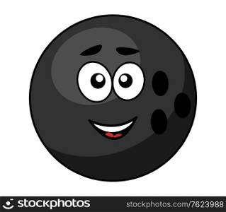 Black cartoon bowling ball with a happy smile isolated on white for sports design. Black bowling ball with a happy smile