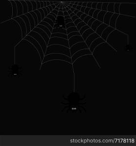 Black cartoon spiders with white web on gray background. Eps10. Black cartoon spiders with white web on gray background