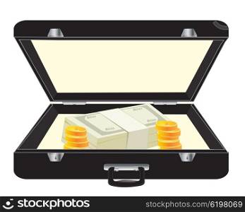 Black case with money. Open valise with money on white background is insulated