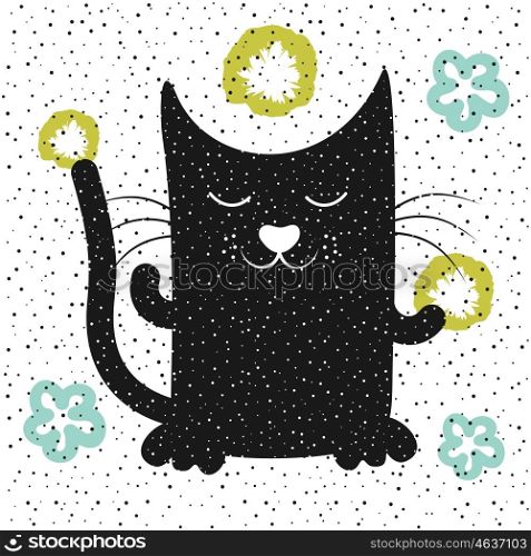 Black cat and flowers. Vector illustration
