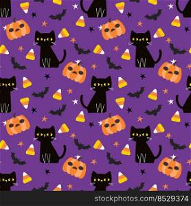 Black Cat and Halloween Pumpkins Seamless Pattern.