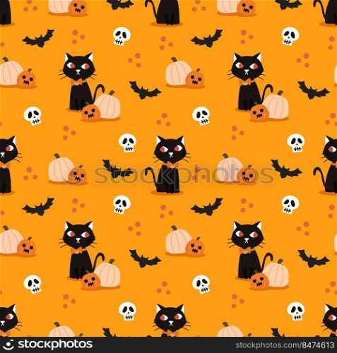 Black Cat and Spooky Halloween Pumpkin Seamless Pattern