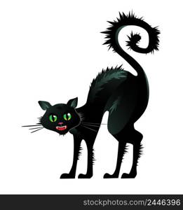 Black cat arching back vector illustration. Pet, terror, fear. Halloween concept. Vector illustration can be used for topics like holiday, domestic animal, mammals. Black cat arching back vector illustration
