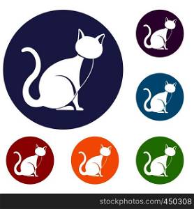 Black cat icons set in flat circle reb, blue and green color for web. Black cat icons set