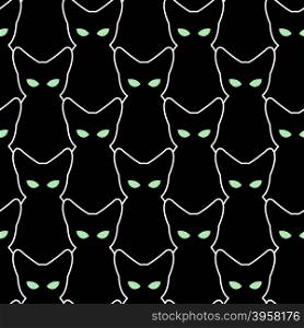 Black cat seamless pattern. Vector backgrounds for Halloween. The texture of pets. Retro fabric Ornament. Many silhouettes cats with green eyes
