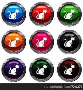 Black cat set icon isolated on white. 9 icon collection vector illustration. Black cat set 9 collection