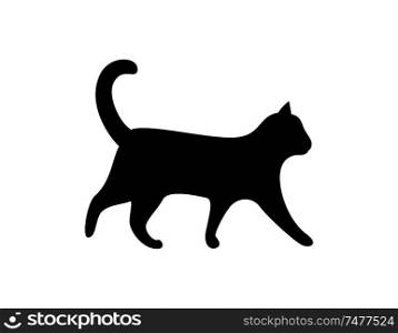 Black cat silhouette vector feline animal icon isolated on white. Monochrome grown up kitten, label for veterinary clinic vector illustration sign. Black Cat Silhouette Vector Feline Animal Icon