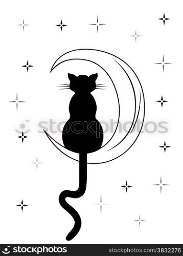 Black cat with long tail sitting on the moon among night starry sky, black and white carton vector illustration