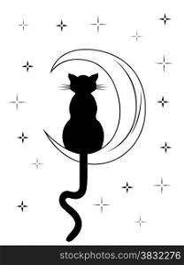 Black cat with long tail sitting on the moon among night starry sky, black and white carton vector illustration