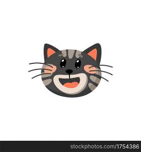Black cat with open mouth, red tongue and ears isolated cartoon animal head. Vector cute kitty portrait, happy emoticon expressing emotion of joy and happiness. Kitten in good mood, snout muzzle. Happy black cat isolate emoji laughing kitten head