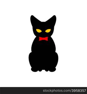 Black cat with red bow tie. Silhouette of pet sitting. Vector illustration animal on white background.&#xA;