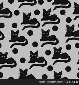 Black cats seamless pattern, dark cats and gray dots on a gray background
