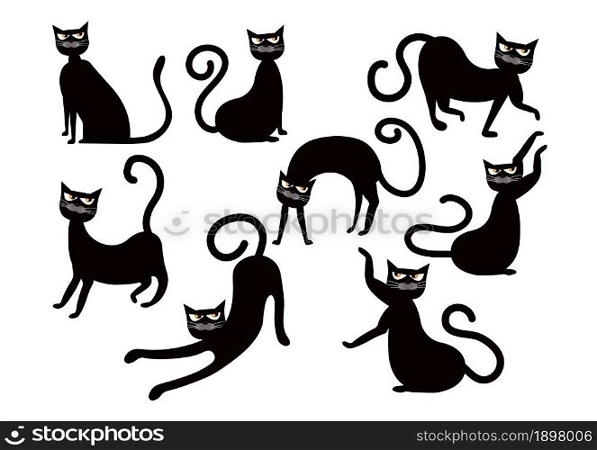 Black cats silhouettes set for halloween Cat shapes isolated on white background. illustration For web backgrounds, design elements, logos, badges, labels, Happy Halloween concept. Cartoon, vector.