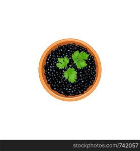 Black caviar in a brown bowl with parsley twig. place for text. label template. Luxury Vector illustration. Idea for logo, label, food cocept, cosmetics, snacks,. Black caviar in a brown bowl with parsley twig. place for text. label template. Luxury