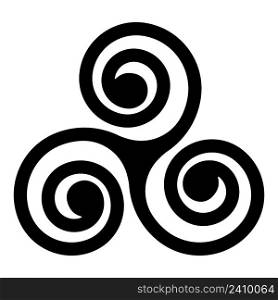 black Celtic triskelion spirals over the white one. Triple helix with two, three turns. Motifs of twisted and connected spirals, showing rotational symmetry