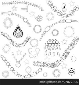Black chains and pendants on white background vector illustration. T-shirt, poster, banner vector design, greeting cards, jewellery store advertisements.. Black chains on white background illustration.