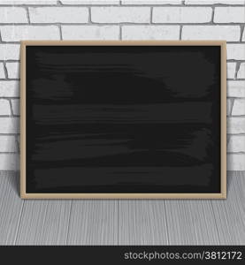 Black chalkboard with wooden frame on brick wall background. Vector eps-10.