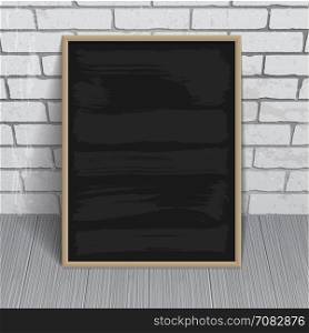 Black chalkboard with wooden frame on brick wall background. Vector eps-10.