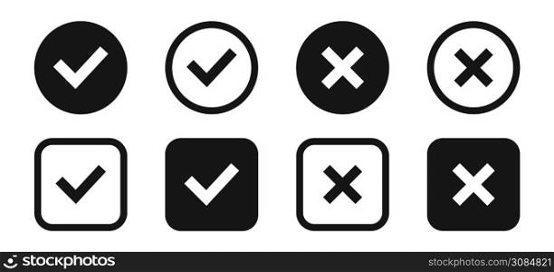 Black checkmark and cross collection. Tick and cross icon set. Vector isolated elements.