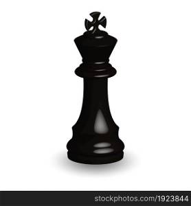 Black chess piece king 3d on white background. Board game chess. Chess piece 3d render.Vector illustration. Sport play.. Black chess piece king 3d on white background