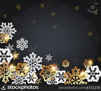 Black Christmas background with golden and white paper snowflakes. Design for Christmas card.
