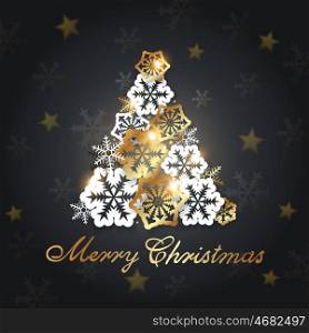 Black Christmas background with golden and white snowflakes. Decorative Christmas tree from snowflakes.