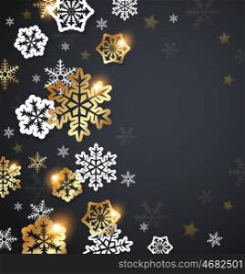 Black Christmas background with golden and white snowflakes. Design for Christmas card.