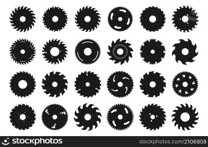 Black circular saw. Different silhouettes of circle blades for woodwork and carpentry equipment. Isolated electric rotary metal discs with sharp teeth. Vector wood cutting industrial wheel tools set. Black circular saw. Different silhouettes of circle blades for woodwork and carpentry equipment. Electric rotary metal discs with sharp teeth. Vector wood cutting industrial tools set