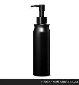 Black cleanser dispenser pump bottle. Cosmetic package mockup. Vector illustration design template.. Cleanser dispenser pump bottle. Cosmetic package