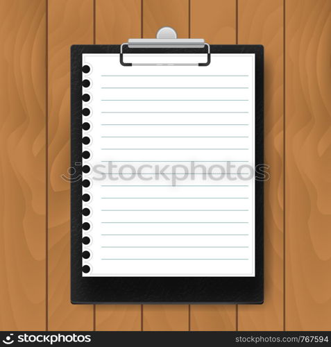 Black Clipboard with lined paper on wood background. Mockup Vector business template.. Black Clipboard with lined paper on wood background. Mockup Vector business template