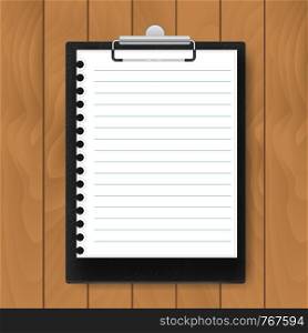 Black Clipboard with lined paper on wood background. Mockup Vector business template.. Black Clipboard with lined paper on wood background. Mockup Vector business template