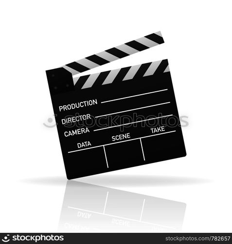 Black closed clapperboard. Black cinema slate board, device used in filmmaking and video production. Realistic vector stock illustration.