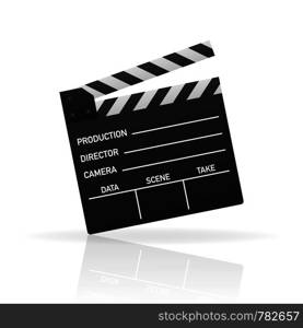 Black closed clapperboard. Black cinema slate board, device used in filmmaking and video production. Realistic vector stock illustration.