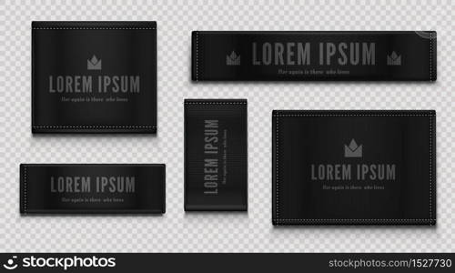 Black cloth labels for premium apparel, brand tags with crown symbol, textile badges with seams and fabric texture. Fashion clothing isolated on transparent background Realistic 3d vector illustration. Black cloth labels for premium apparel, brand tags