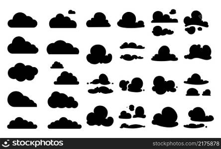 Black clouds. Cloud icons collection, isolated flat sky elements. Weather nature symbols, cloudy vector set. Illustration forecast cloud, variety fluffy atmosphere sky. Black clouds. Cloud icons collection, isolated flat sky elements. Weather nature symbols, cloudy vector set