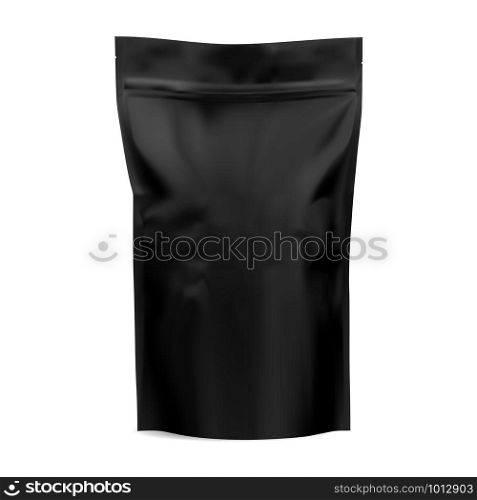Black coffee bag. Zip package mock up. Foil Paper blank template design. Snack sachet for chips, nuts, cocoa, tea. Retail pouch mockup. Green oolong zipper packet. 3d container illustration. Black coffee bag. Zip package mock up. Foil Paper