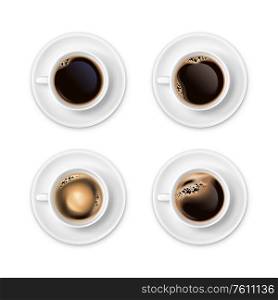 Black coffee with foam in white cups top view realistic set isolated vector illustration